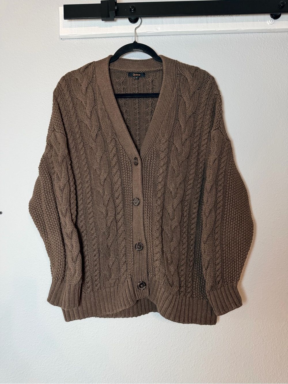 Quince 100% Organic Cotton Oversized Cable Cardigan Sweater Small Heather Brown - Picture 2 of 9
